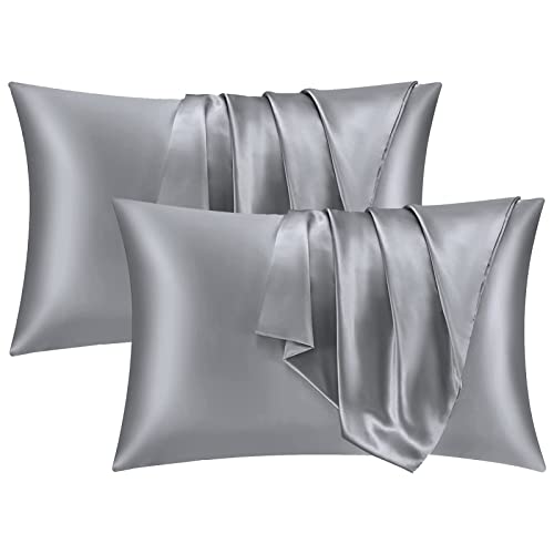Maple&Stone Satin Pillowcases 4 Pack for Hair and Skin, Grey Silky Pillow cases with Envelope...