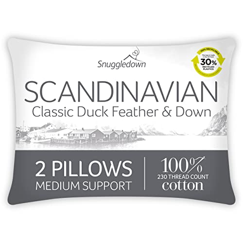 Snuggledown Duck Feather & Down Pillows 2 Pack - Medium Support Back Sleeper Pillows for Back Pain...