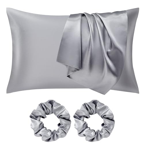 Seiwohl Satin Pillowcase for Hair and Skin Grey Satin Pillow Cases 2 Pack with Satin Hair Scrunchies...